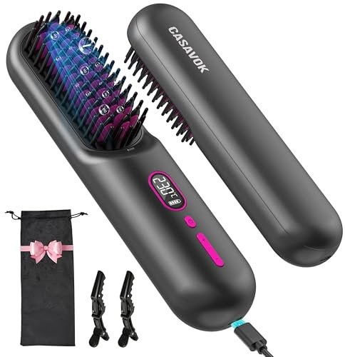 Kabellose Glättbürste Für Unterwegs, Negative Ionen Haarglätter Bürste,Tragbar bürste mit Wiederaufladbare 9600mAh Batterie,Mini Gglättbürste Kabellos für Frauen,Anti-Verbrühung (Dunkelgrau)