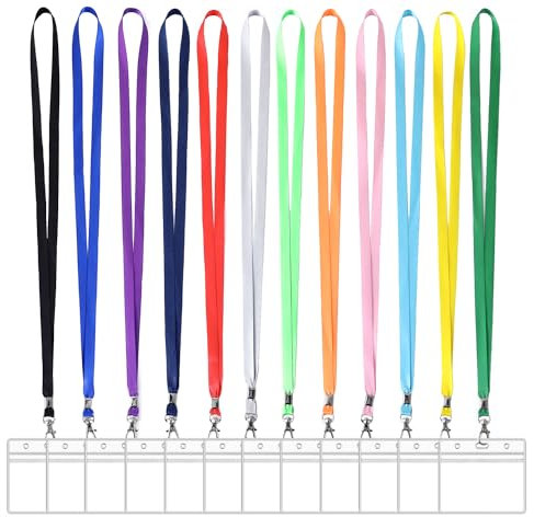 12pcs Lanyards for Neck with 12pcs Card Holder, Clear Plastic ID Card Holder and 12 Colors Lanyard, Horizontal Sealable Waterproof Name Badge Holders with Lanyard for ID Cards Office School