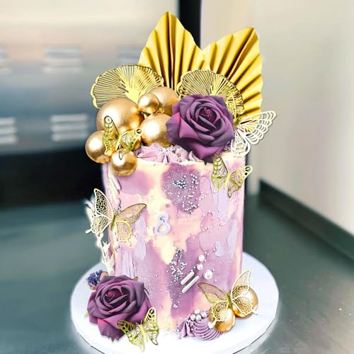 Lila Kuchendekoration Goldkugeln Goldpalmenblätter Blumen für Hochzeit | Lila Kuchendekoration: Goldkugeln, Goldpalmenblätter, Blumen für Hochzeit, Geburtstag, Babyparty, Jahrestag - 21 Teile, 23