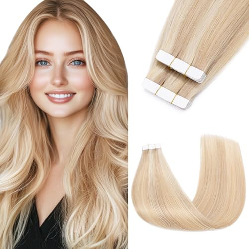 Benehair Tape in Extensions Echthaar, Invisible Tape Extensions Echt Haar, 30CM Haarverlängerung Echthaar Tapes, Remy Natural Tapes Extensions Echthaar, 10Pcs 10g Kamel Gemischt Hellgold #18P613