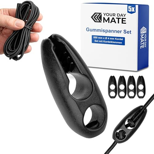 Elastisches Gummispanner Set, 5 Pack, 600 x Ø 4 mm Kordel mit passenden Kordelklemmen, in Schwarz, Gepäckspanner für Warntafel Italien, Spanien, Portugal, Spanngurt Fahrradträger, Wohnwagen, Markise