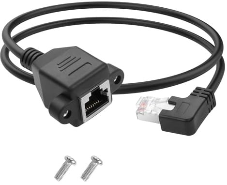YACSEJAO Cat5e Cat5 Ethernet Extension Cable 90 Degree RJ45 Male to Female Shielded Ethernet Network Patch Cable with Panel Mounting Holes 60cm (Right Angle)