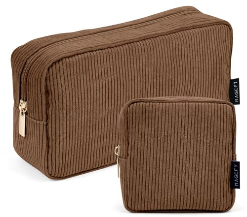 MAGEFY 2 Pcs Kleine Make up Tasche für Handtasche, Cord Make up Tasche mit Fächern Reise Make up Tasche für Mädchen Frauen (Braun)