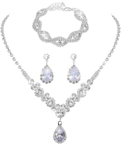 Yolev 3 Stück Brautschmuck Set Silber Schmuck Set Damen Silber Hochzeit Brautschmuck Strass Halskette Dangle Ohrringe Glänzendes Armband Hochzeit Party Braut Brautjungfer Schmuck