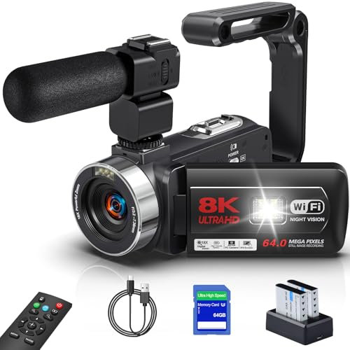 Videokamera 8K Camcorder 64MP WiFi Vlogging Kamera mit IR Nachtsicht für YouTube, 3-Zoll-Touchscreen, 18X Digitalzoom Webcam Camera mit Mikrofon,Stabilisator,Fernbedienung, 64GB SD Karte und Batterien