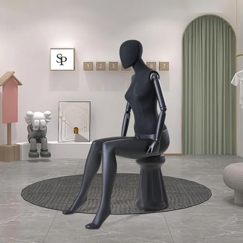 Beau mannequin de vitrine abstrait laqué blanc/noir mat avec couvercle gratuit (F66MB-8 femme assise noire)