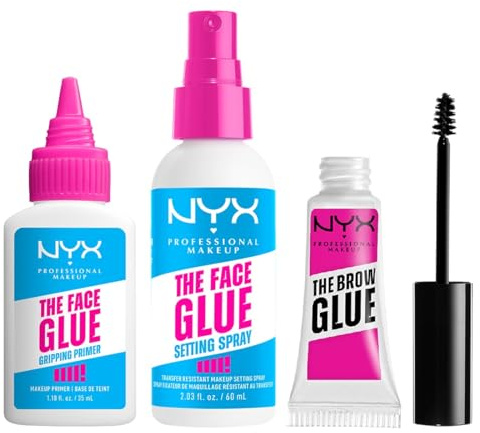 NYX Professional Makeup-Set für langanhaltendes Make-Up: Face Glue Primer, Face Glue Setting-Spray & Brow Glue, Für maximal fixierte Looks