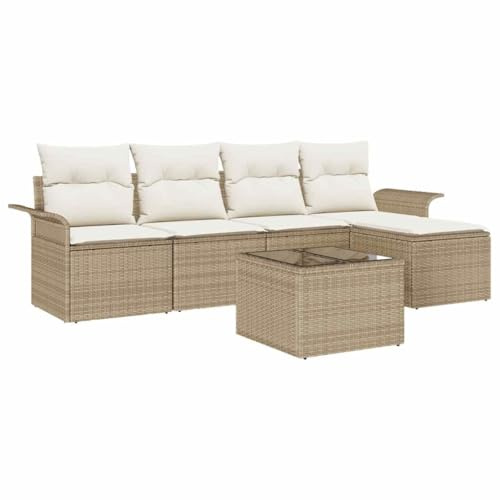 vidaXL Outdoor-Sofa mit Kissen 6 pcs Beige Poly-Rattan, Elegantes modulares Sofa-Set für die Terrasse, leicht, UV-beständig, gemütliche Gartenmöbel