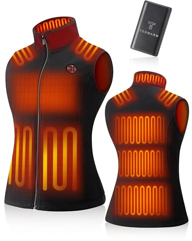 TODWARM Heated Gilet Womens with Power Bank, Fleece Heated Vest Women 15 Heating Zones, Lightweight Ladies Heated Gilet 16000mAh 7.4V for Outdoor Activities Black XS