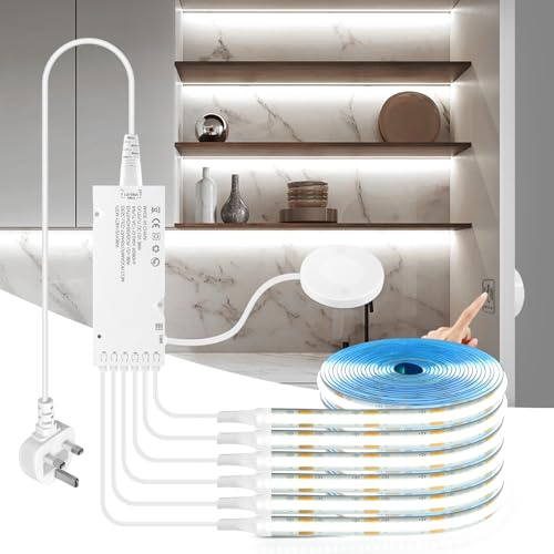 CHNMALITAI 12V COB LED Strip, 6 Pcs 1M White COB LED Strip Light with Touch and Hand Sweep Dimmer Switch for Cabinet Showcase Kitchen Lighting
