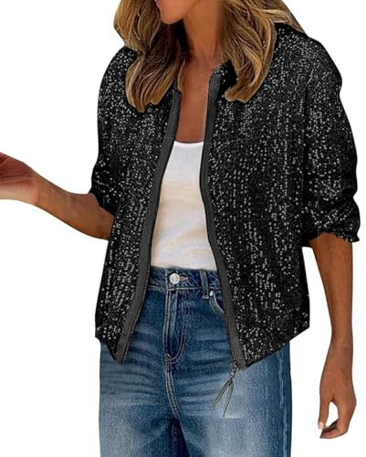 Ellunis Damen Pailletten Jacke Langarm Reißverschluss Schimmer Rundhalsausschnitt Blazer Cocktail Party Mantel Glitzer Bomberjacke