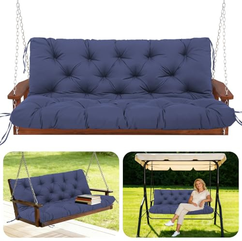 GHDM Garden Bench Cushion Thick 12cm Swing Cushions 3 Seater with Backrest and Tie 150cm Waterproof Swing Seat Cushions Replacement for Outdoor Furniture Patio Porch Lawn Backyard(Navy Blue)