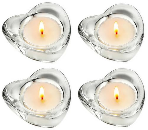 4 Stück klare Teelichthalter aus Glas, verschiedenen Formen, passend für Teelichter mit 4 cm Durchmesser, ideal für Wohndekoration, Hochzeiten, Partys und Tischdekorationen (Herzform)
