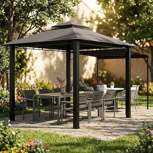 TRIUMPHKEY Pavillon 3x3m, erweiterbar auf 3 x 4,8 m, Gartenpavillon mit Doppeldach, Verstellbarer Markise Sonnenschutz Gartenlauben Gartenzelt für Partys Picknick BBQ´s, Grau