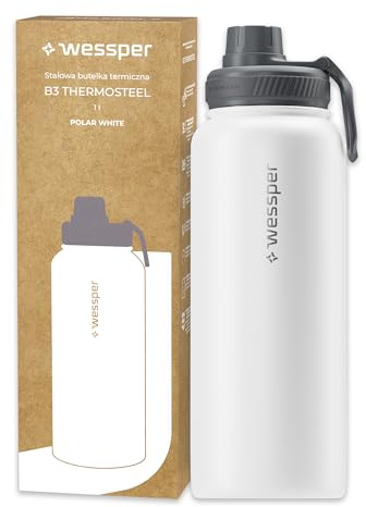 Wessper Botella Agua Acero Inoxidable 1000ml Botella Termica Sin BPA con 3 Tapones | Blanca Elegante Botella Resistencia al Rayado, fácil de Limpiar | Termo Agua Fria/Caliente para Niños Adultos