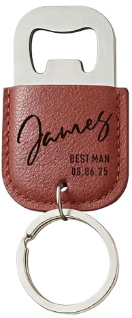 EDSG Personalised Bottle Opener Keyring, Stainless Steel & Leather Bottle Opener, Birthday Christmas Valentines Gifts for Him Husband Boyfriend, Wedding Best Man Groomsmen Gift (Dark Brown, Design 2)