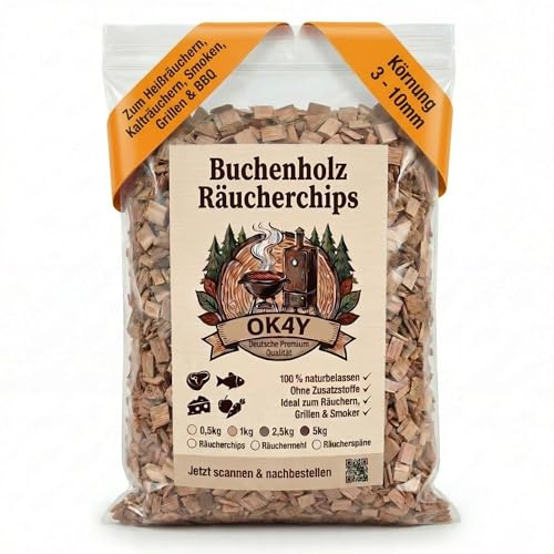 ok4y Copeaux de fumage en hêtre - Grain grossier de 3 à 10 mm - 0,5 à 5 kg au choix - Pour fumoir et générateur de fumée froide - Accessoires pour fumage poisson, viande, saucisse et fromage - Marque