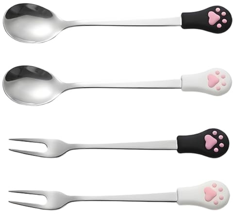2 Cat Dog Food Spoons and 2 Cat Dog Food Forks, Stainless Steel Pet Food Utensils Set for Wet Food Portion Control, Long Handle Design for Easy Can Scooping and Multi Pet Feeding Routines