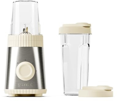 Guzzini, Sous Chef, On-The-Go-Standmixer mit zwei luftdichten Bechern, 600 ml und 300 ml, Doppelklinge aus Edelstahl, Pulse-Funktion, zwei Geschwindigkeiten, Bio-Basis (Cream)