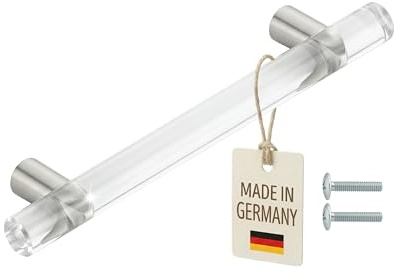 Gedotec Möbelgriff H1090 aus Glas klar und Edelstahl, Stangengriff Sockelgriff mit 128 mm Lochabstand, inklusive Montagematerial, moderner Schrankgriff und Kommodengriff für Küche, Schublade und Möbel