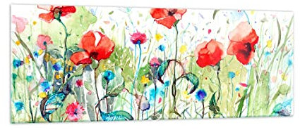 Panorama Bilder auf Glas Blumen Wiese Blatt Natur Glasbild 140x50cm Wandbilder Dekoration Wohnzimmer Schlafzimmer Küche Groß XXL Wanddeko Bild im Glas Wand Kunstdruck Art Modern GAB140x50-3076