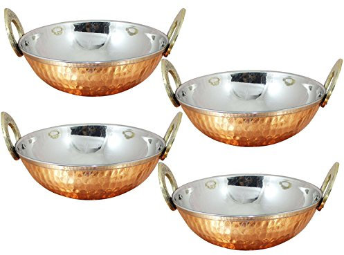 AVS STORES ® Lot de 4 bols indiens Karahi en cuivre avec poignée en laiton massif pour aliments indiens, diamètre 13 cm, argenté