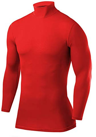 PowerLayer Kompressionsshirt Herren - Compression Shirt Funktionssshirt Langarm - Laufshirt Herren - Mock Neck Sportshirt - Longsleeve Oberteil Unterziehshirt - Rot, XL