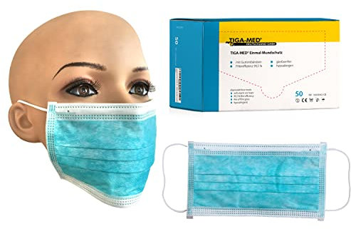 Tiga-Med Mundschutz OP Einmal- 50 Stück Blau Gummibänder 3-lagig Mundschutzmaske Mundschutzmasken OP Maske Masken Gesichtsmaske 95% Filtereff. Original Qualität