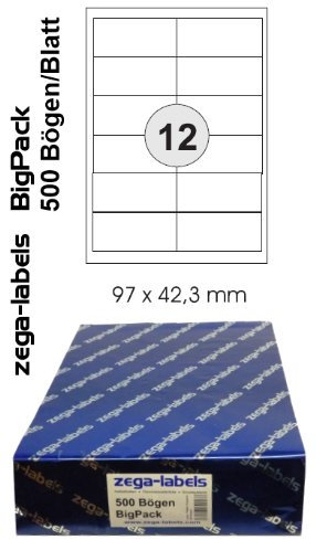 6.000 Etiketten 97 x 42,3 mm selbstklebend auf DIN A4 Bögen (2x6 Etiketten) - 500 Blatt Bigpack - Universell für Laser/Inkjet/Kopierer einsetzbar - 97 x 42 mm