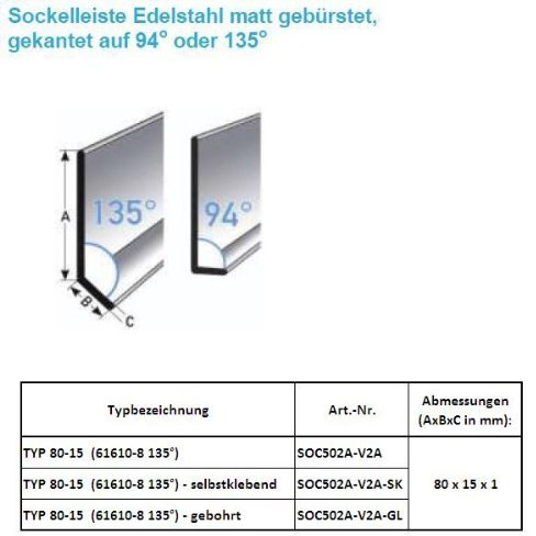 75 Meter Fußleisten/Sockelleisten TYP 80-15 (Edelstahl gebürstet und foliert / 61610-8 135°)