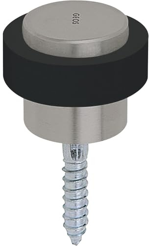 Grundmann Türstopper Boden mit Gummi & Edelstahl Durchmesser 48 mm Höhe 38 mm - Bodentürstopper zum Einbohren mit Stockschraube und Dübel, satiniert