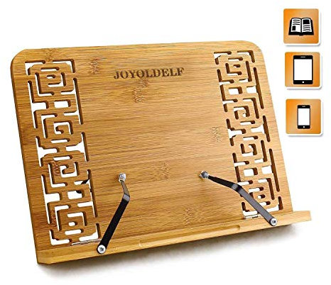 Bambus Kochbuchhalter Leseständer, faltbar Buchstütze Stand mit einstellbarem Rücken & elegantes Muster für Kochbuch, iPad Air 2 3 4, iPad Mini 4, iPad Pro, Kindle,Samsung Tablet PC und mehr