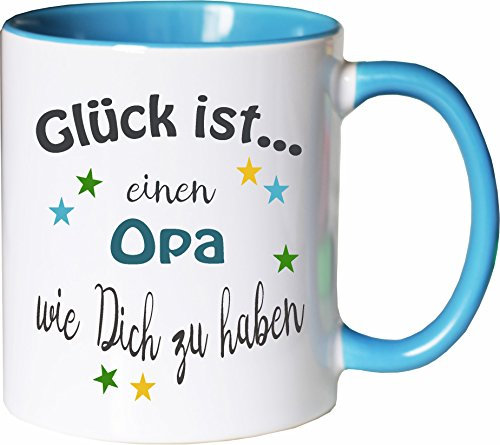 WarmherzIch Becher Tasse Glück ist… Opa Kaffee Kaffeetasse liebevoll Bedruckt Opi Großvater Vatertag Weiß-Hellblau