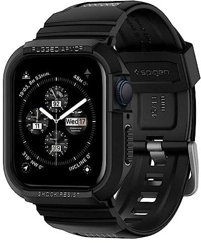 Spigen Rugged Armor Pro Hülle mit Armband Kompatibel mit Apple Watch Serie 9/8/7(45mm) 6/5/SE(44mm) - Schwarz