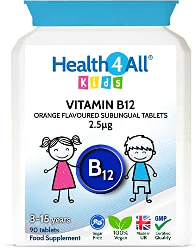 Kids Vitamin B12 2.5mcg Sublingual 90 Tablets (V) Vegan Methylcobalamin Chewable Tablets for Children. Orange Flavoured. Made in The UK by Health4All