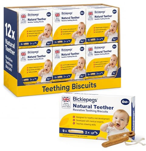 Bickiepegs Teething Biscuits 6-36 Months, 9 Biscuits, Natural Teething Remedies for Teething Relief, Dairy-Free Teething Rusks for Babies and Toddlers (12Pack)