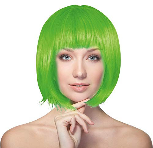 Plitsch Platsch Perücke Bob Pagenkopf Cabaret Wig Kurzhaar Charleston Perücken Fasching Karneval Halloween Motto Party - 24 Farben Varianten für Erwachsene, One Size (neongrün)
