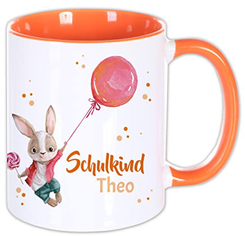 Namenstasse Schulkind Hase ORANGE | Tasse mit Name 300 ml personalisiertes Geschenk Schulanfang Schulstart, Keramiktasse Kinder Schultüte Kleine Geschenke Mitbringsel Einschulung Mädchen Junge