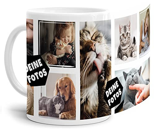 Foto-Tasse zum selbst gestalten mit Foto-Collage für 8 Wunschfotos - Geschenk für Familie, Freunde, Geburtstag, Weihnachten - Keramik Weiß, 300 ml I Personalisiert