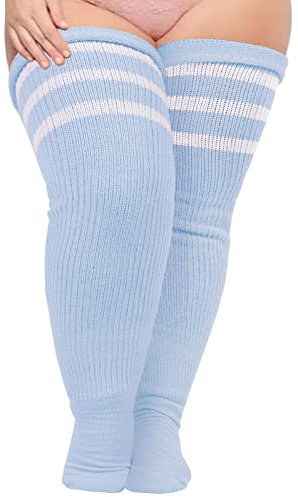 Moon Wood Damen Kniestrümpfe Extra Lange Overknees Strümpfe Thigh High Socken Soft Thermo Leg Warmers Plus Size, Babyblau und Weiß