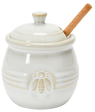 Creative Co-op Honey Pot, Ceramic Bamboo Stoneware, White