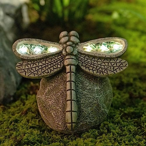 Rezpuao Garden Statue Dragonfly,Solar Dragonfly Decor for Outdoor,Resin Dragonflies Figurine with Solar Light for Patio,Balcony,Yard,Lawn Ornament,Perfect Garden Gift