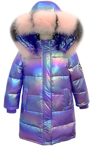 linboo Fille Manteau Longue Doudoune Chaud Veste Enfant Hiver Epais Blouson à Capuche Fourrure Matelassé Parka Lumineux, Violet, 9-10 ans