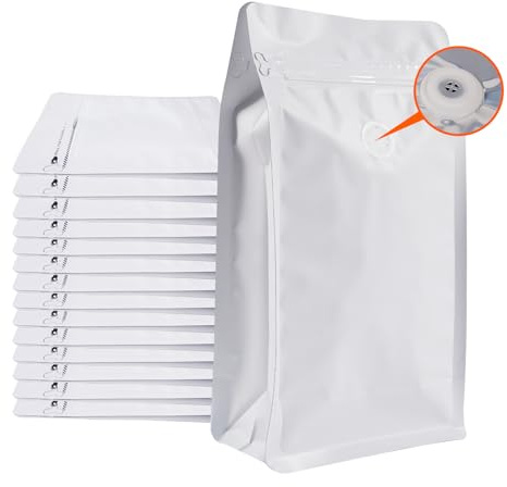 Coffee Bags with Valve (50 Pack, 8oz/0.45lb), High Barrier White Aluminum Foil, Coffee Bean Storage Bags, Reusable Packaging Bags with Side Zipper