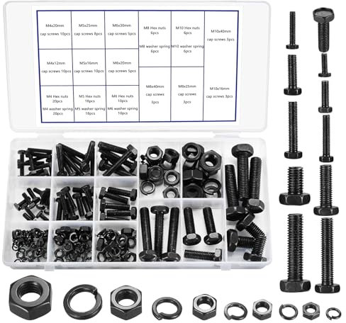 Sechskantschrauben und Muttern mit Unterlegscheiben Set, 180 Stk. Maschinenschrauben Gewindeschrauben mit Sechskantmuttern und Unterlegscheiben Sortiment Kit, Metrische M4/M5/M6/M8/M10
