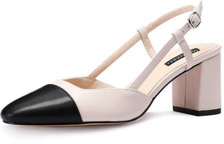 MIRAAZZURRA Slingback-Pumps für Damen, klobiger Absatz, zweifarbig, geschlossene Zehenkappe, Slingback-Schuhe für Arbeit, Date, Kleid, Weiss/opulenter Garten, 37.5 EU