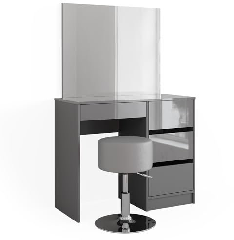 Vicco Schminktisch Sherry, Grau Hochglanz, 90 cm mit Hocker