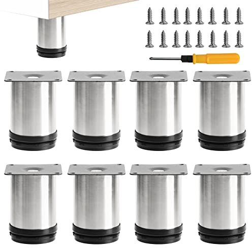 Toolzia 8Pcs Furniture Legs, 3.15/8cm Adjustable Furniture Support Feet,Adjustable Height Replacement Support Feet Legs for Sofa Table Chair Desk Kitchen Cupboard Cabinets Legs Feet (Silver)
