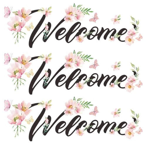 HEMOTON Welcome Wall Stickers Pink Floral Design Self-Adhesive PVC Decals for Bedroom Living Room Front Door Tear-Resistant Home Decoration 3Pcs