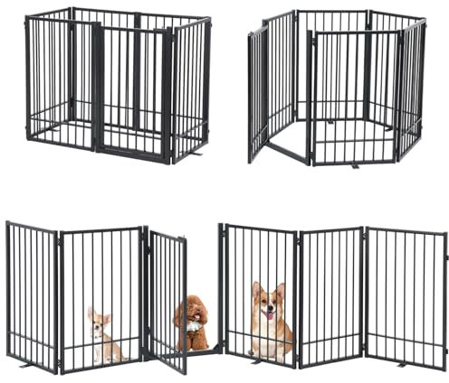 SMONTER Barrière pour chien autoportante avec porte traversante, clôture d'intérieur extra large de 306 cm, hauteur 80 cm, 6 panneaux de barrière pliable en métal pour escaliers, couloirs, porte